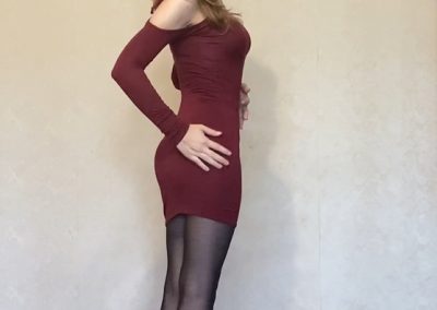 Backside View of Stacy in Red Dress and Black Pantyhose
