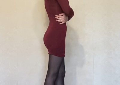 Sexy Side View of Stacy In Red Dress and Black Pantyhose