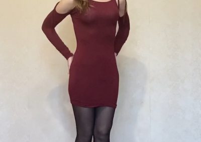 Stacy In Red Dress and Black Pantyhose Looking Sexy