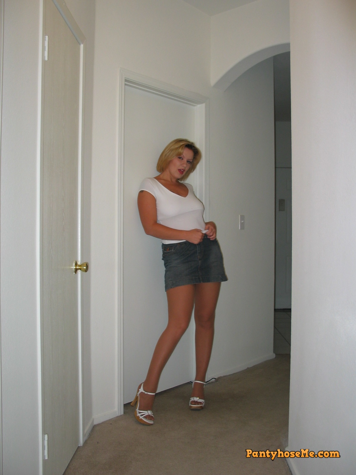 Blonde Milf Claire Feeling Sexy In Blue Jean Miniskirt and Tan Pantyhose Sexy Amateurs and Candids All In Hosiery
