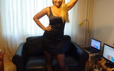 Blonde Milf In Black Dress and Black Pantyhose Getting Really Horny and Naked