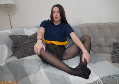 19 Year Old Brunette in shirt and french cut pantyhose with no panties on