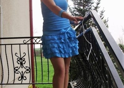 Short Redhead Aldona In Blue Mini Dress and Tan Pantyhose